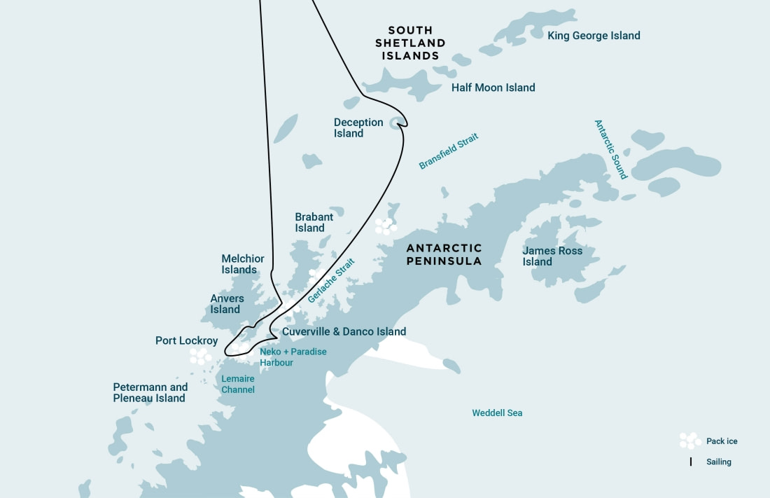 Antarctic Peninsula Discovery and Learning expedition route map aboard Ortelius