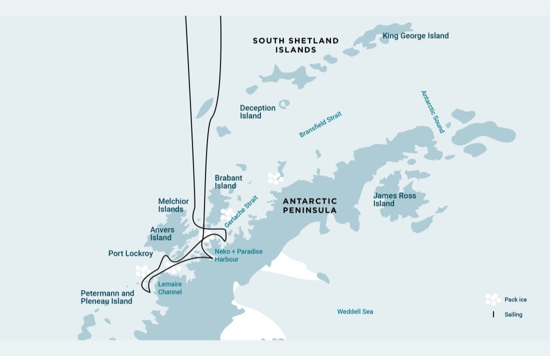 Antarctic Peninsula whale-watching expedition route map aboard Hondius