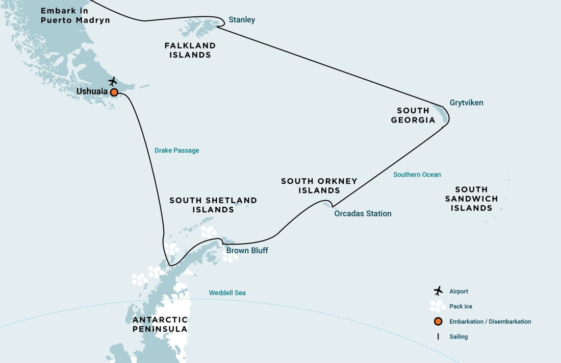 Falkland Islands, South Georgia and Antarctic Peninsula expedition route map