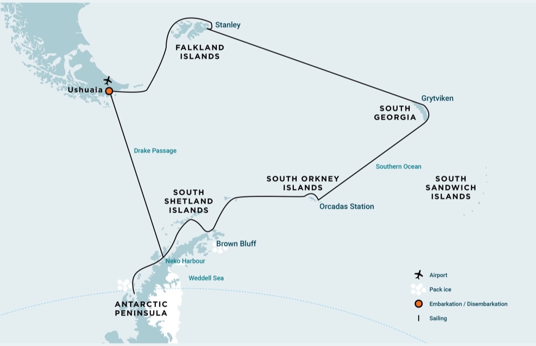 Falklands, South Georgia, Elephant Island and Antarctic Circle expedition route map