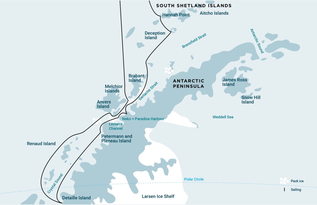 Antarctica Beyond the Polar Circle expedition route map
