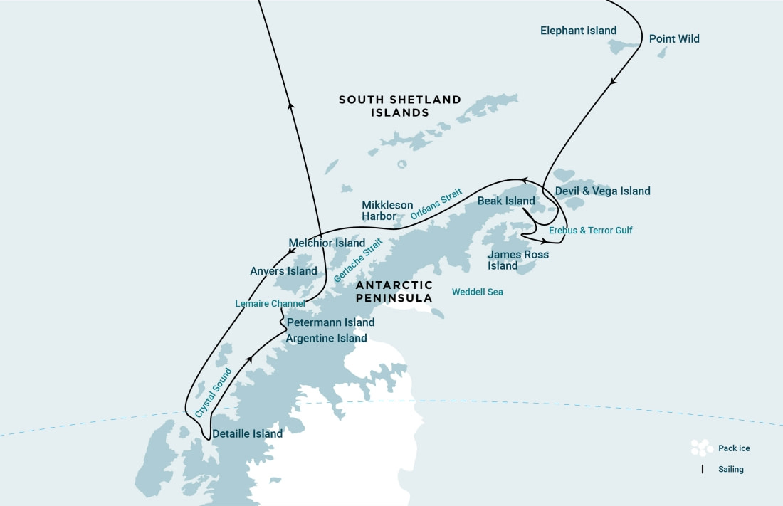 Elephant Island, Weddell Sea and Antarctic Circle expedition route map