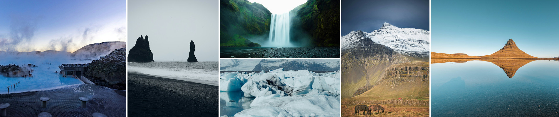 Blue Lagoon, waterfalls, glaciers, horses and mountains in Iceland